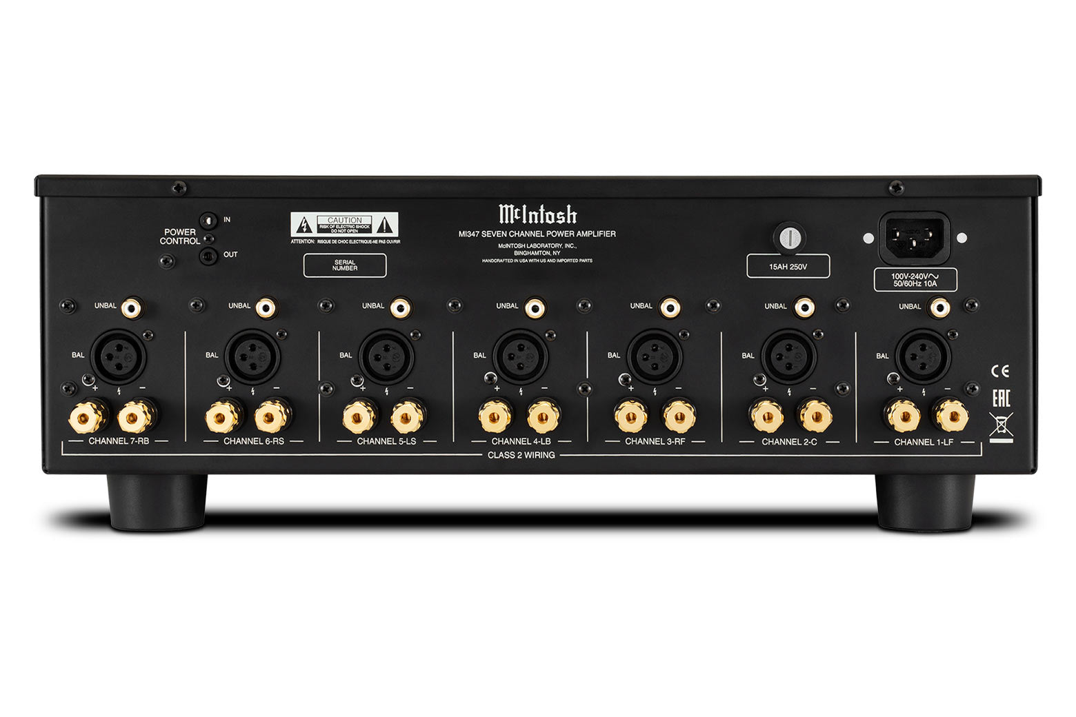McIntosh MI347 rear panel with seven balanced and unbalanced inputs and speaker outputs