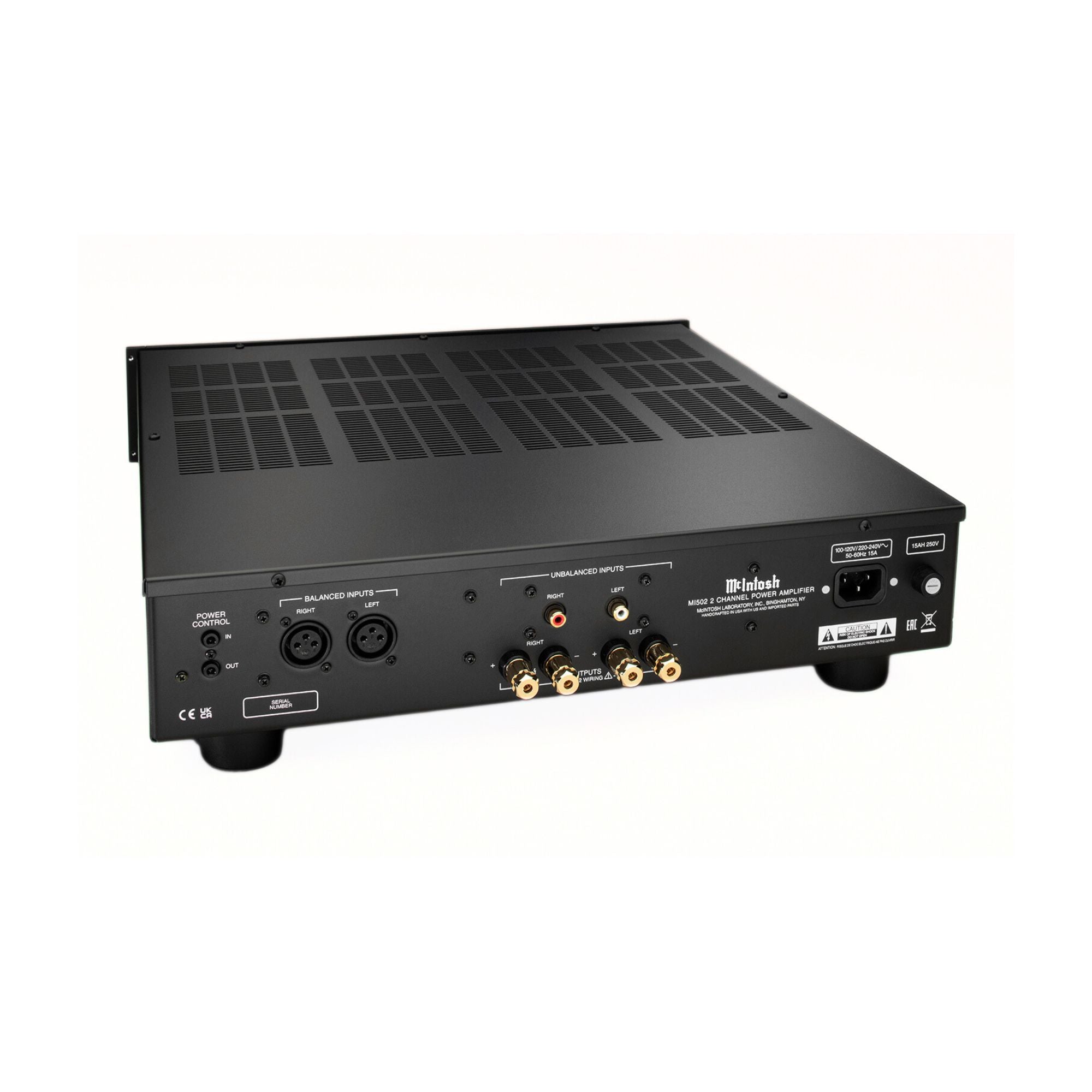 McIntosh MI502 2-channel amplifier rear angled view with inputs and speaker outputs