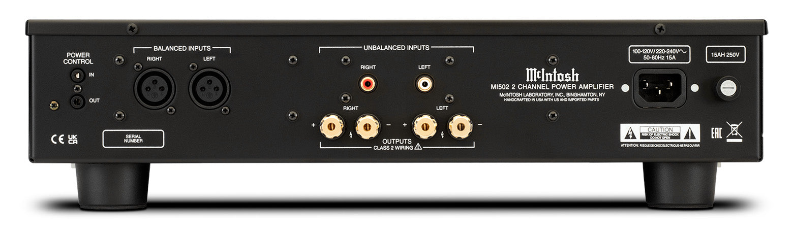 McIntosh MI502 rear panel with balanced and unbalanced inputs and speaker binding posts