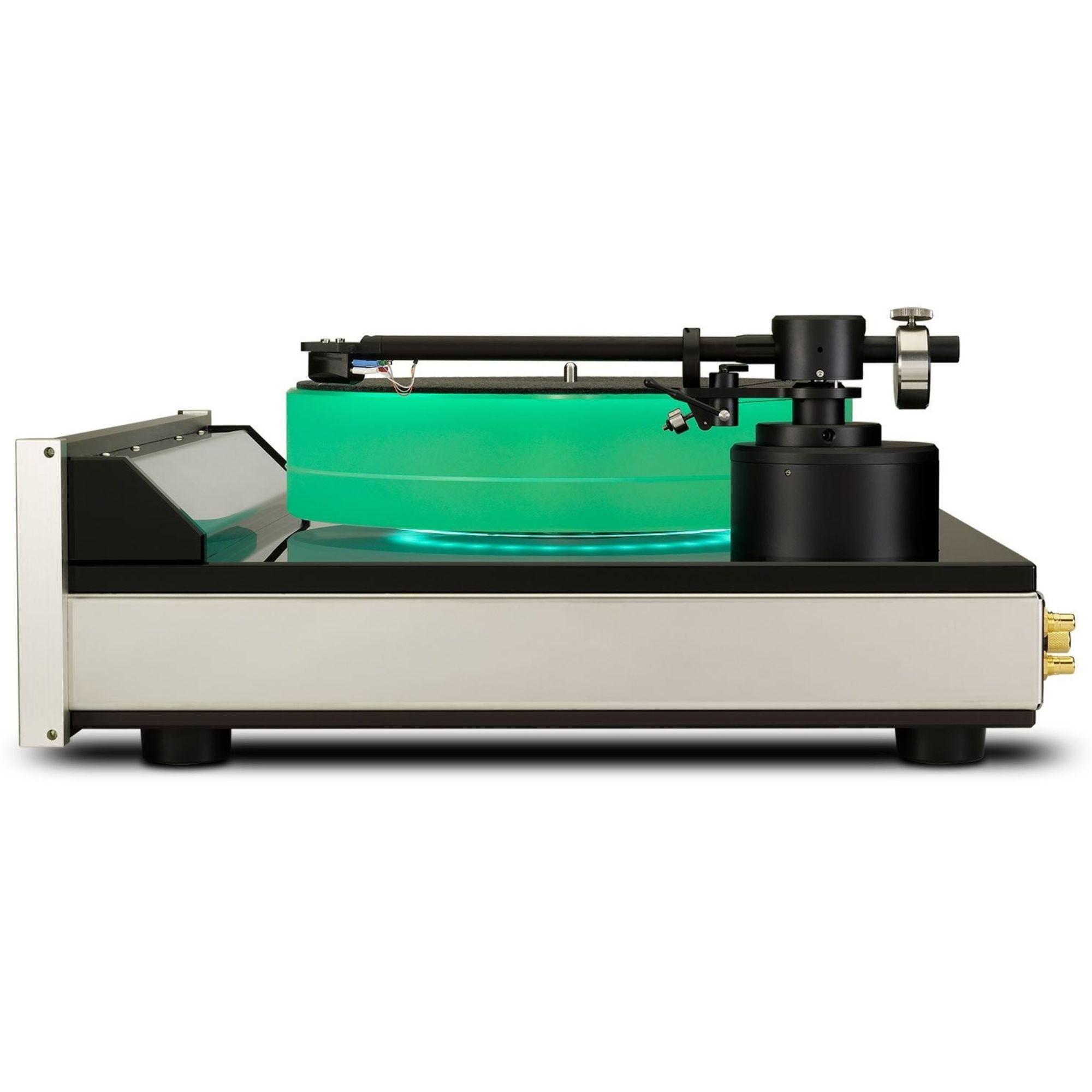 McIntosh MT10 Precision Turntable side angled view with illuminated acrylic platter