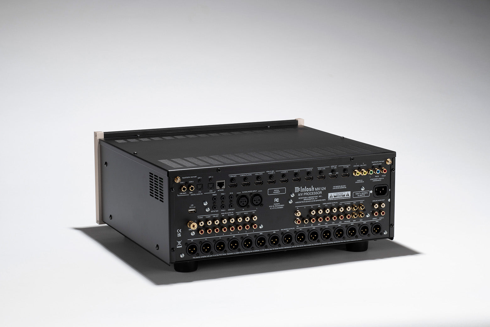 McIntosh MX124 A/V processor rear angled view showing connections