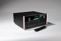 McIntosh MX124 A/V processor angled view with remote control