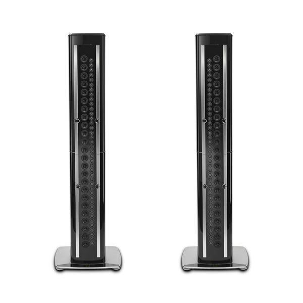 McIntosh XRT1.1K floor standing loudspeaker in Piano Black, straight front view