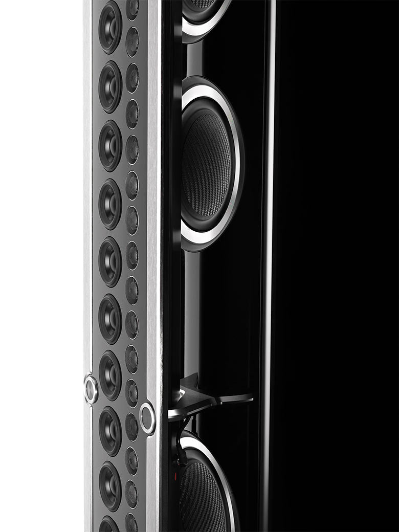 McIntosh XRT1.1K line array close-up with aluminum-magnesium midrange drivers and tweeters
