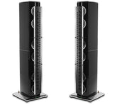 McIntosh XRT1.1K floor standing loudspeaker pair in Piano Black, angled front view