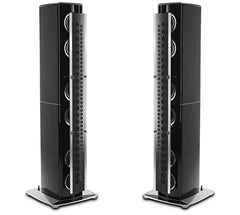 McIntosh XRT1.1K floor standing loudspeaker pair in Piano Black, angled front view
