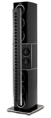 McIntosh XRT2.1K floor standing loudspeaker in Piano Black, angled front view