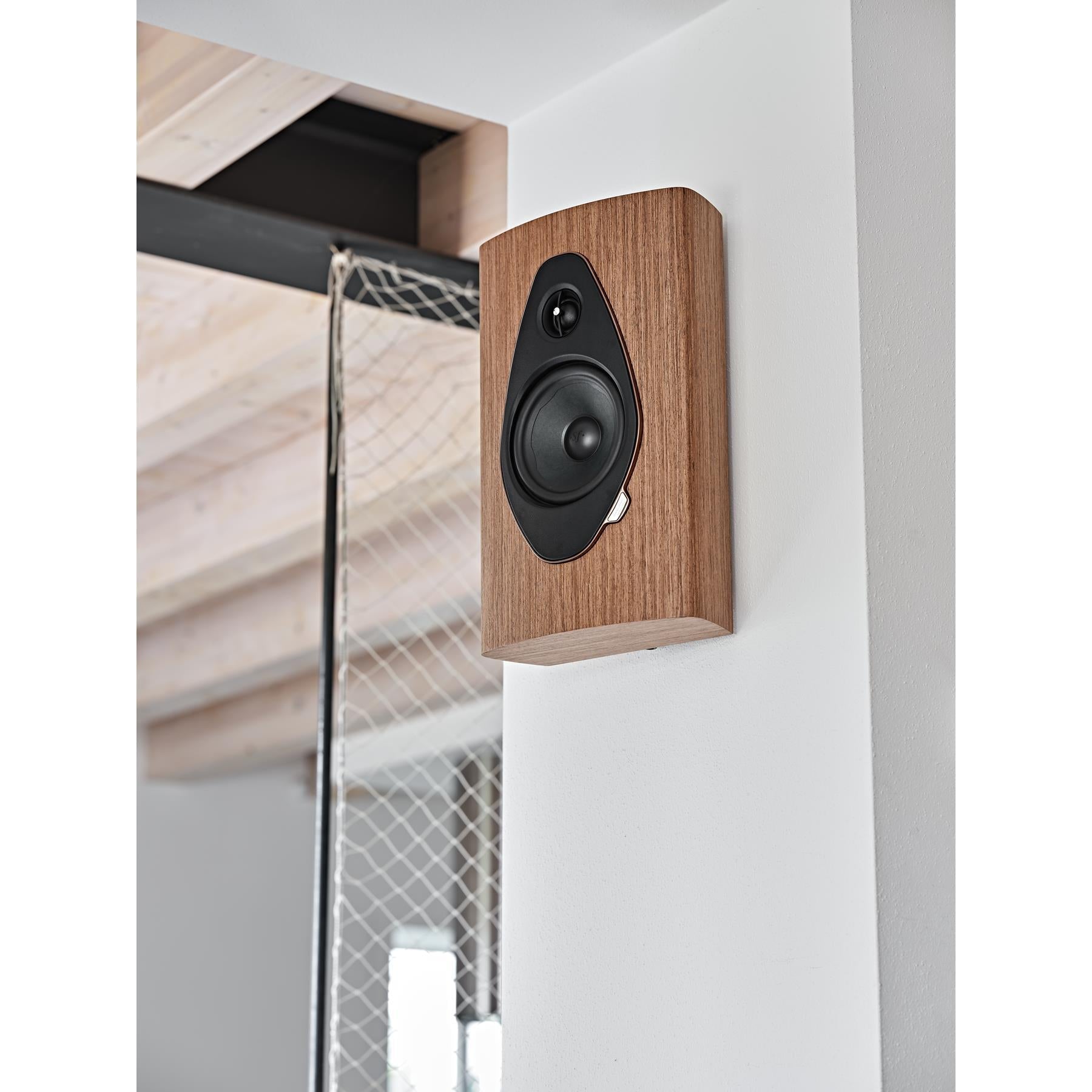 Sonus faber Sonetto Wall G2 walnut speaker installed on wall
