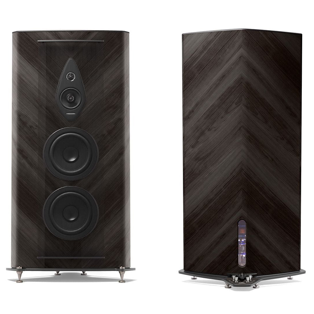 Sonus Faber Stradivari G2 floorstanding speakers in Graphite Wood and Italian leather