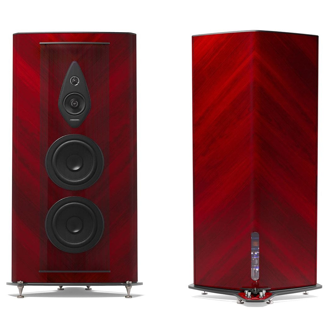 Sonus Faber Stradivari G2 floorstanding speakers in Red Wood and Italian leather