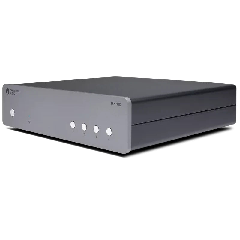 Black electronic device with silver accents on a white background