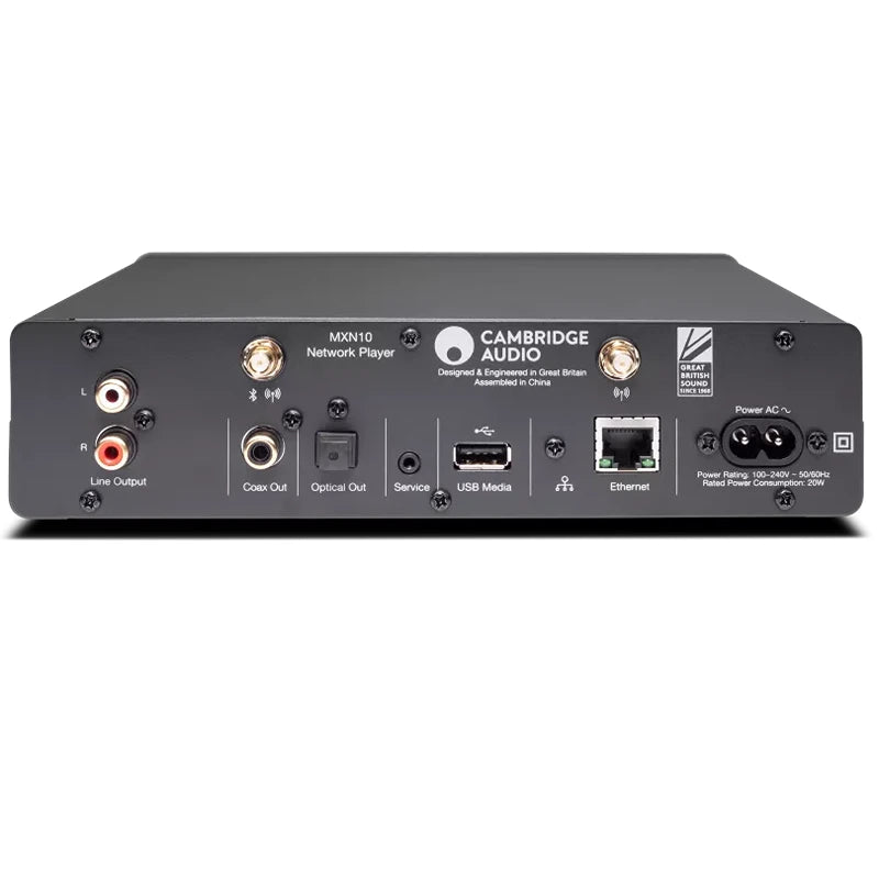 Back panel of a Cambridge Audio device with various connectivity ports on a white background