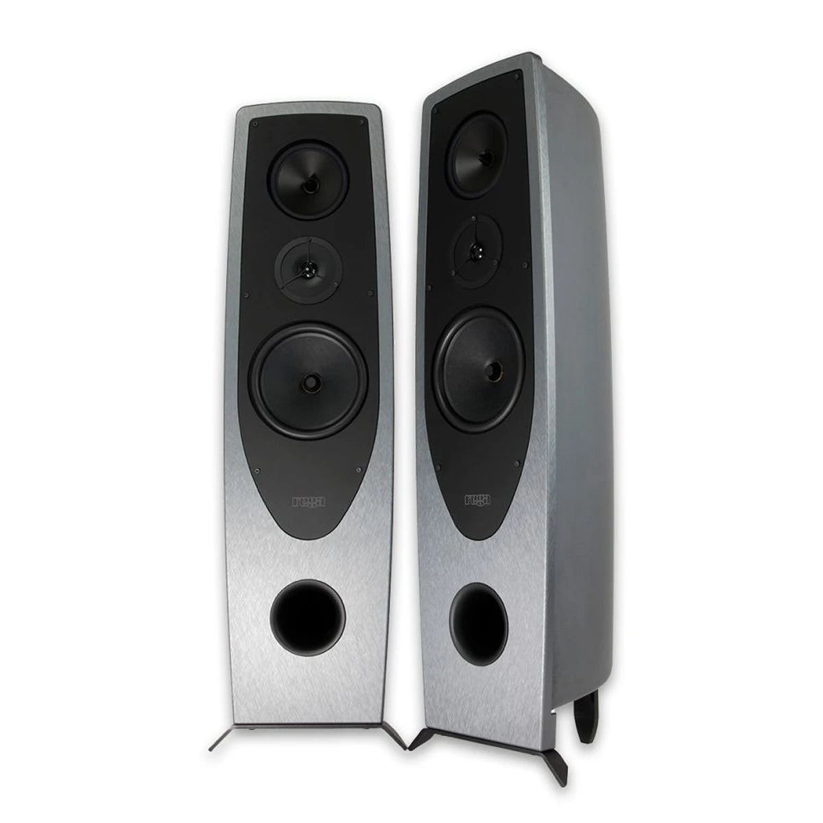 Pair of silver speakers with black cones on a white background