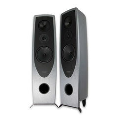 Pair of silver speakers with black cones on a white background