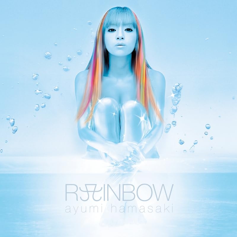 Album cover with a person with colorful hair against a blue background, featuring the title 'Rainbow' by Ayumi Hamasaki.
