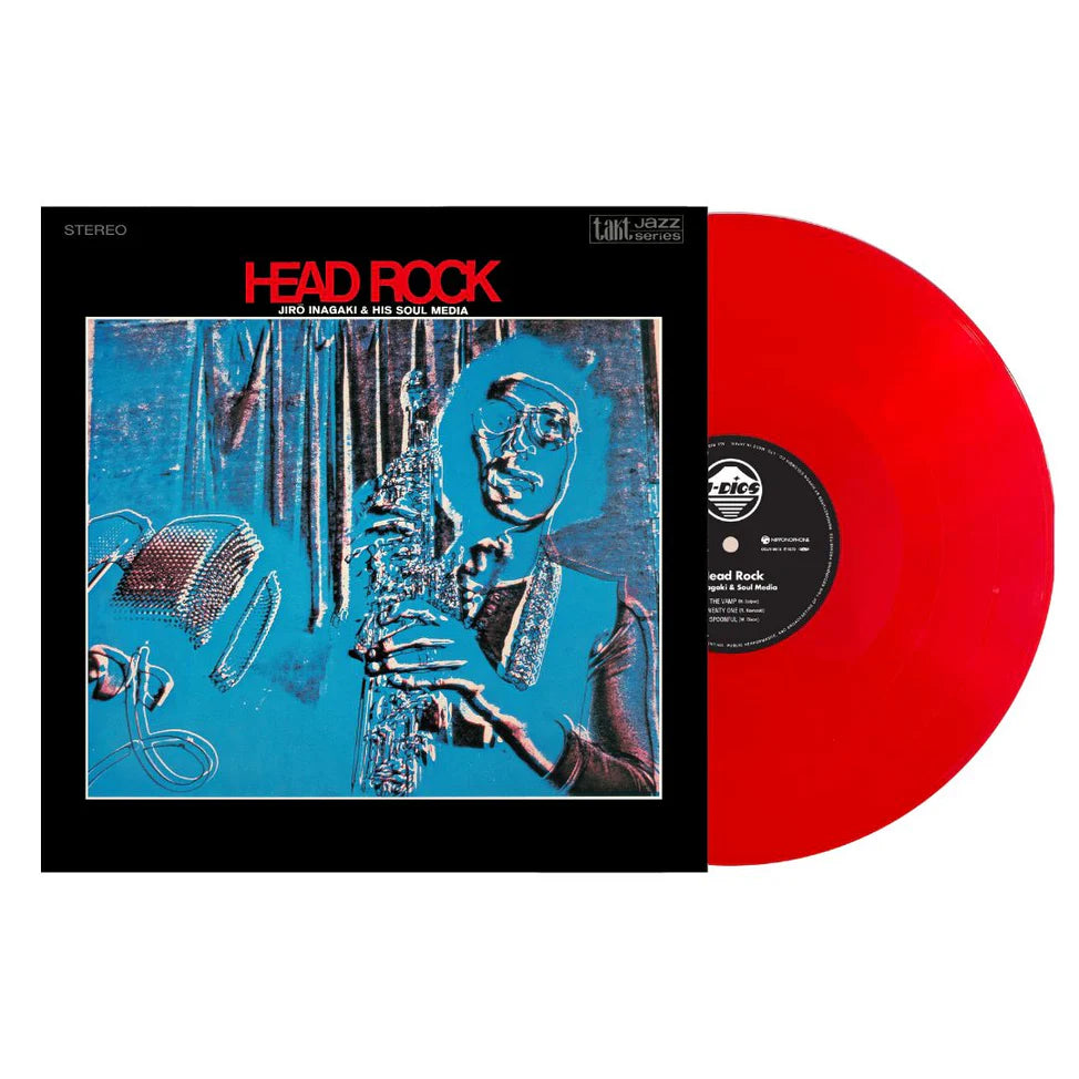 Red vinyl record with 'HEAD ROCK' album cover featuring a saxophonist.