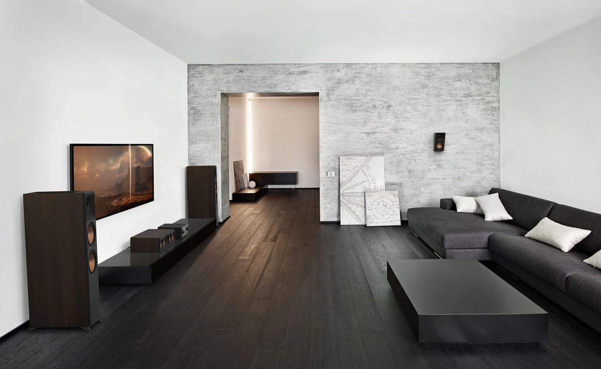 Modern living room with gray sofa, TV, surround sound, and decorative elements.