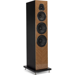 Tall floor-standing speaker with wooden front panel and black sides on a white background