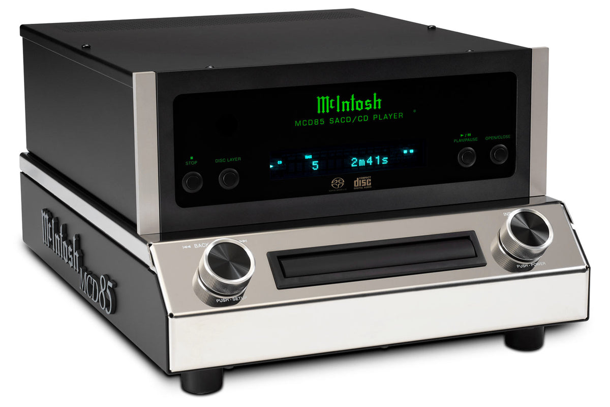 McIntosh MCD85 SACD/CD player angled front view with compact disc