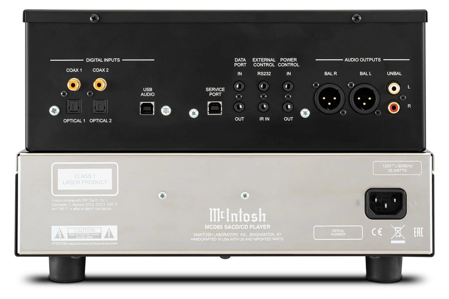 McIntosh MCD85 rear panel with USB, coaxial, optical, XLR, and RCA connections