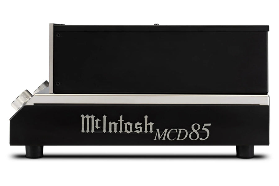 Side view of the McIntosh MCD85 SACD/CD player and polished open chassis
