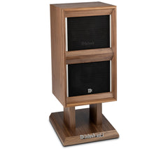 McIntosh ML1 Mk II loudspeaker in American Walnut on included stand, angled left with grille installed