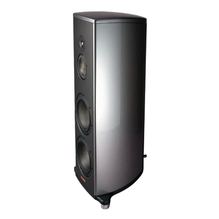 A single floorstanding speaker with a metallic silver and dark gray finish, shown at a three-quarter angle against a solid gray studio background.
