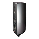 A single floorstanding speaker with a metallic silver and dark gray finish, shown at a three-quarter angle against a solid gray studio background.