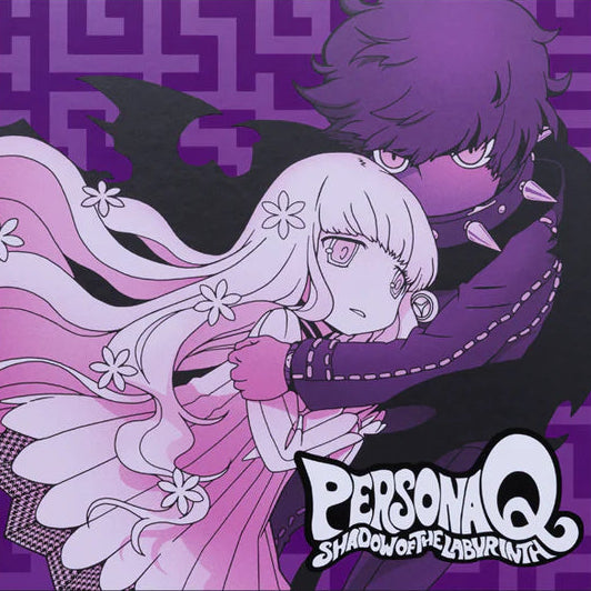 Anime-style illustration of two characters with 'Persona Q' branding on a purple background
