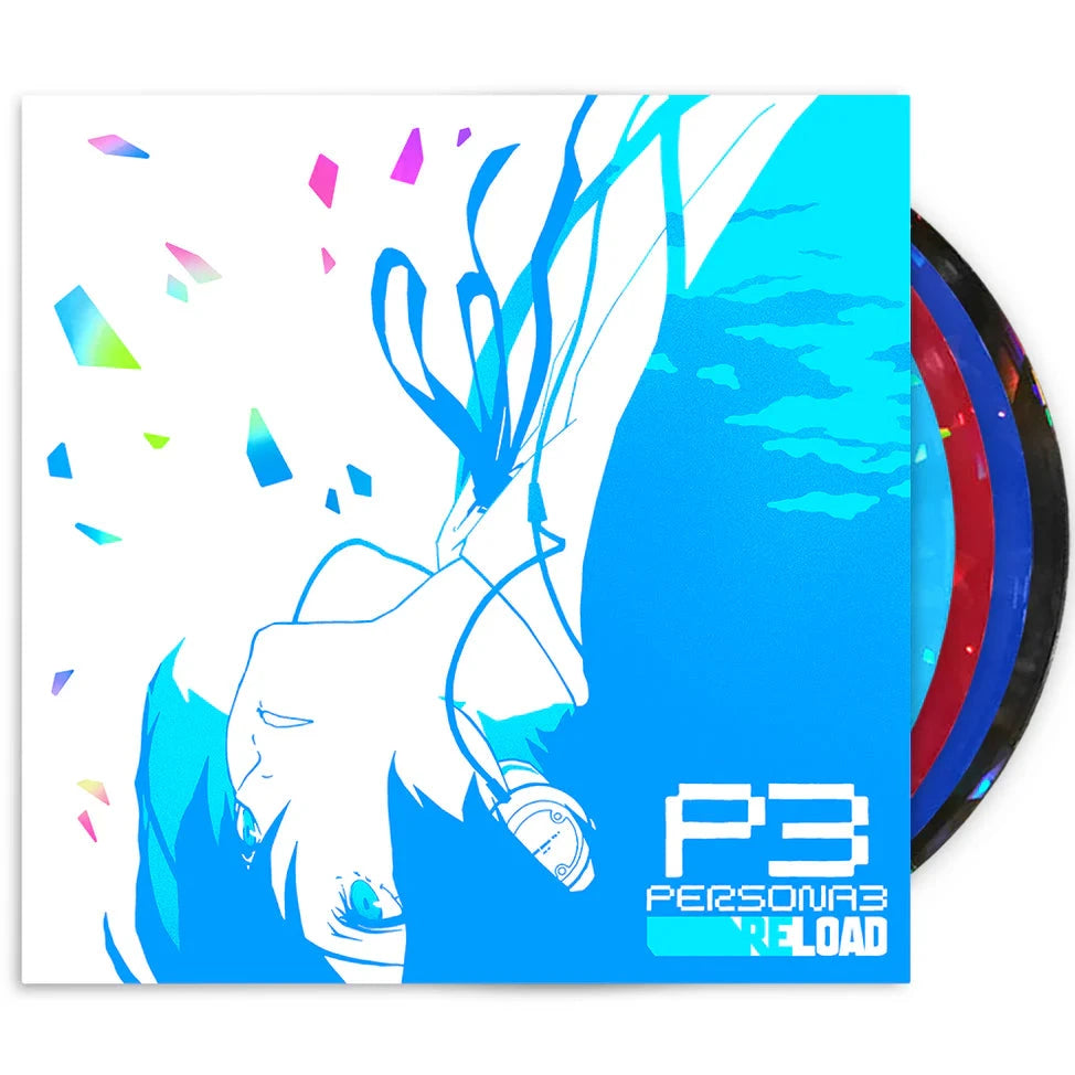 The Persona 3 Reload 4LP Vinyl Box set featuring shattered glass holographic colored vinyl. 