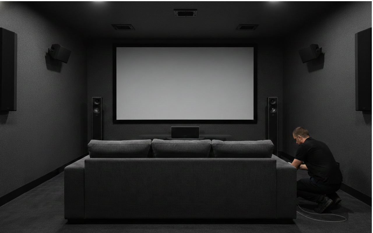 Person setting up a home theater system in a dark room with a large screen.