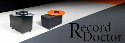 Record Doctor + Audio Exchange collection banner with logo featuring two of their record cleaning machine.