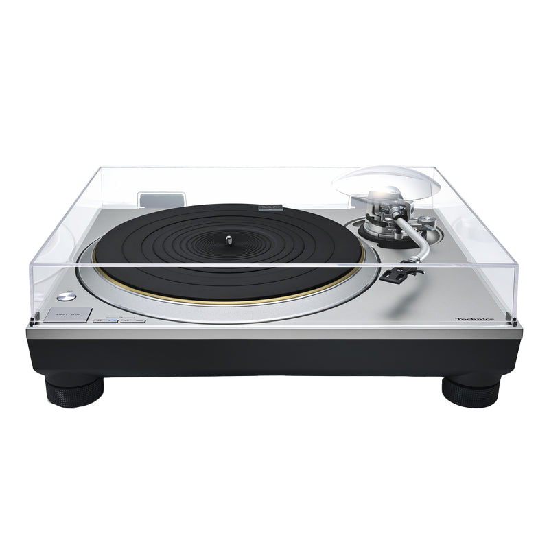 Turntable with clear dust cover on a white background