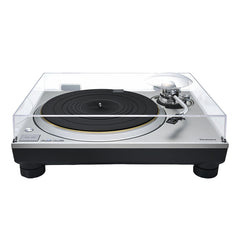 Turntable with clear dust cover on a white background