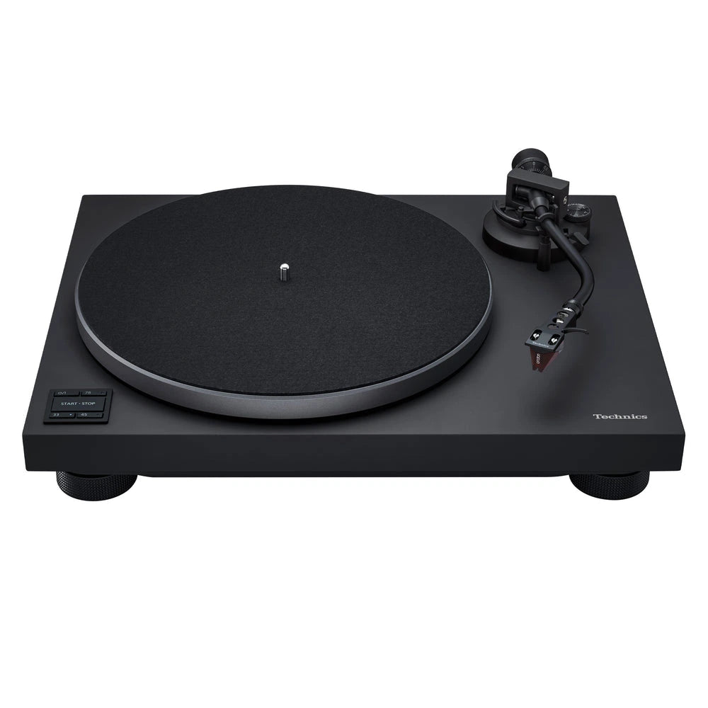 Black turntable with a white background