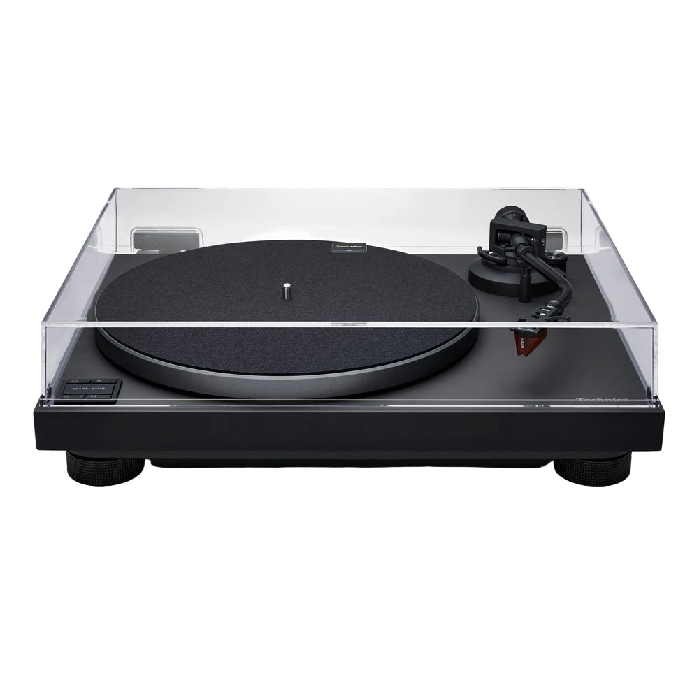 Turntable with clear dust cover on a white background