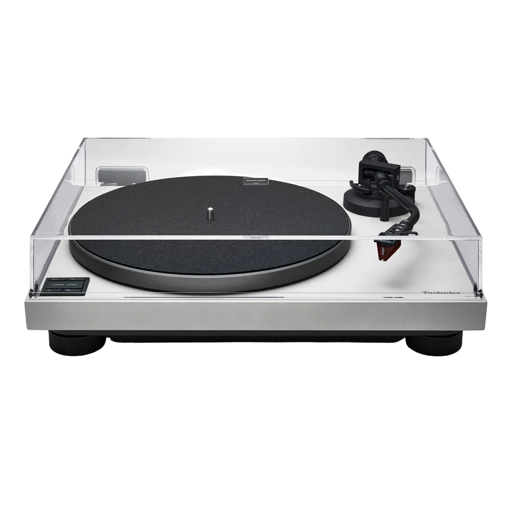 Turntable with clear dust cover on a white background