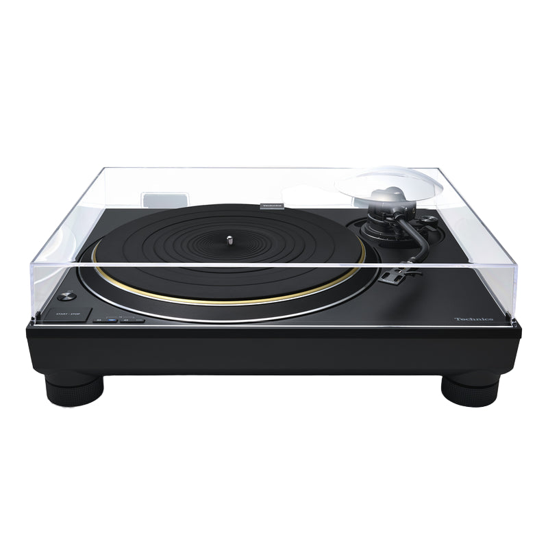 Black turntable with clear dust cover on a white background