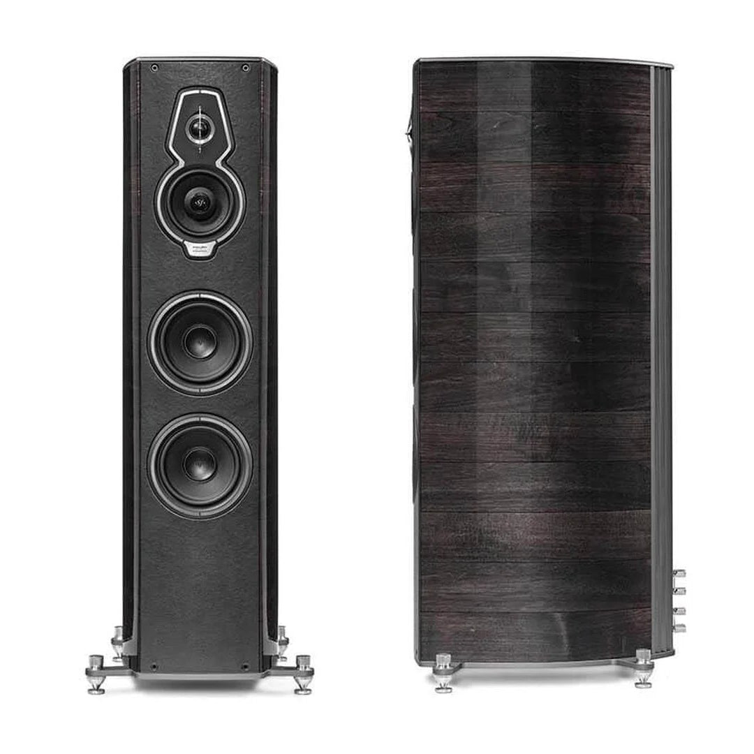 Sonus Faber Serafino G2 floorstanding speakers in Graphite Wood and Italian leather