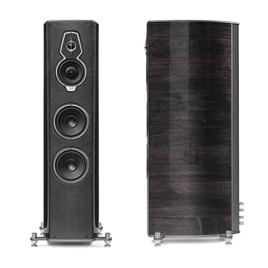 Sonus Faber Serafino G2 floorstanding speakers in Graphite Wood and Italian leather