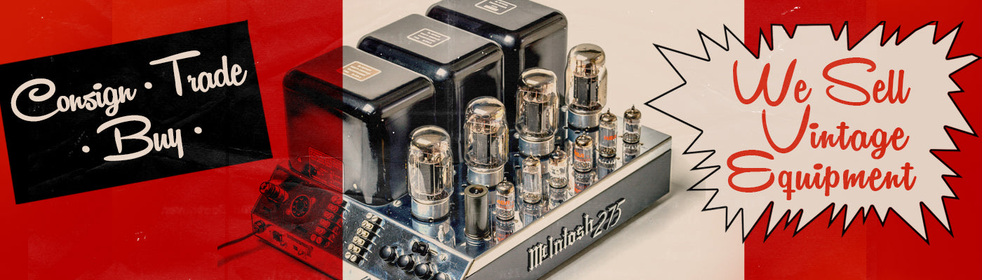 Vintage silver-face Marantz receiver with signs reading Consign Trade Buy and We Sell Vintage Equipment