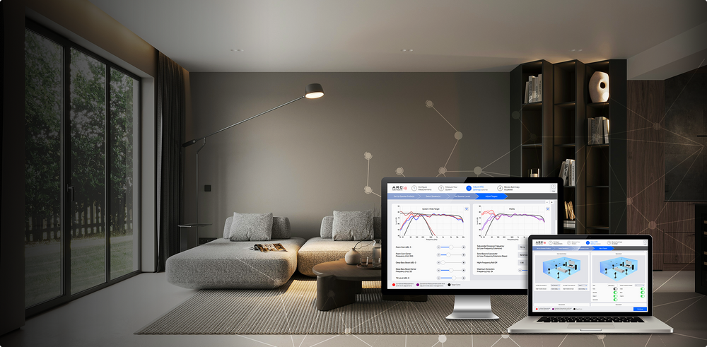 ARC Genesis measurement microphone and computer in a listening room