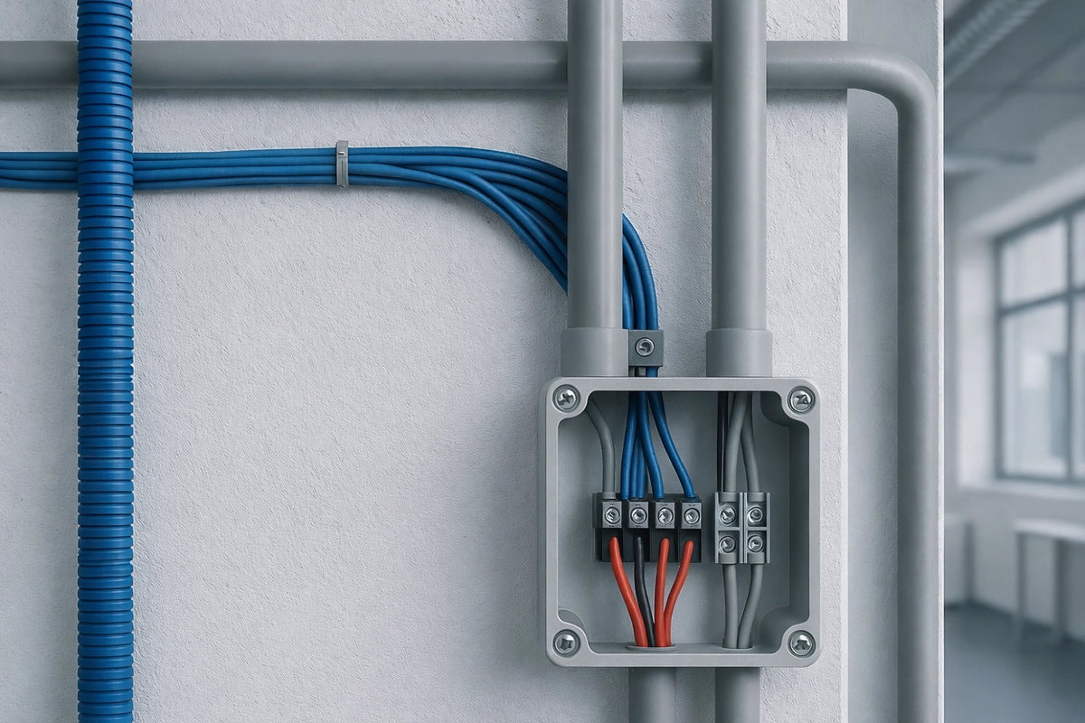 Electrical junction box with blue and red wires on a wall with pipes