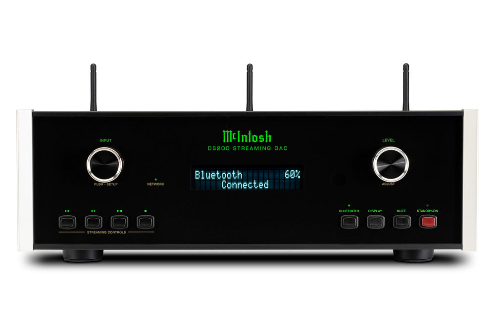 McIntosh DS200 streaming DAC front view with Bluetooth connection display