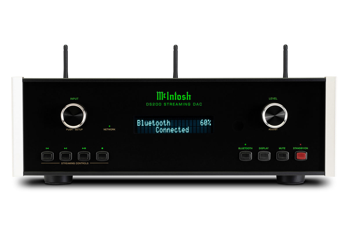 McIntosh DS200 streaming DAC front view with Bluetooth connection display