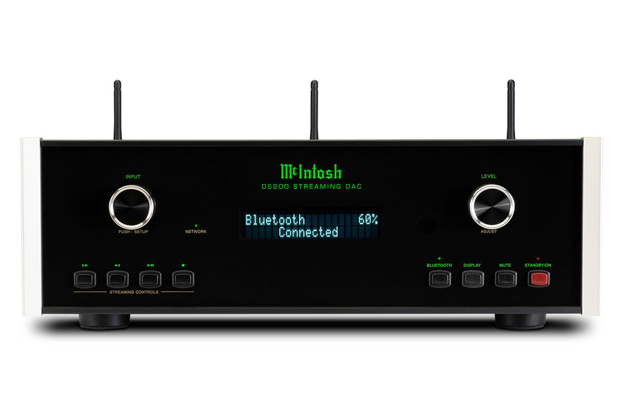 McIntosh DS200 streaming DAC front view with Bluetooth connection display