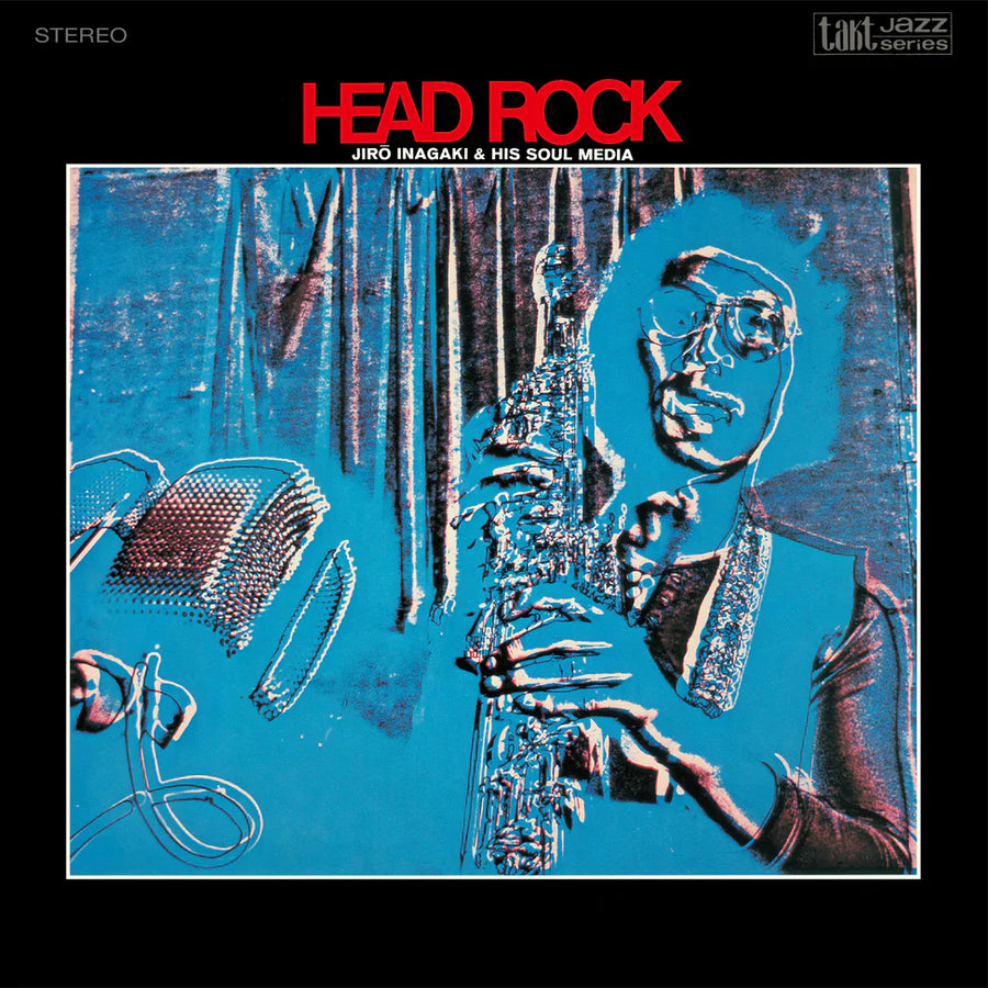 Album cover for 'Head Rock' featuring a stylized illustration of a saxophonist on a blue background.