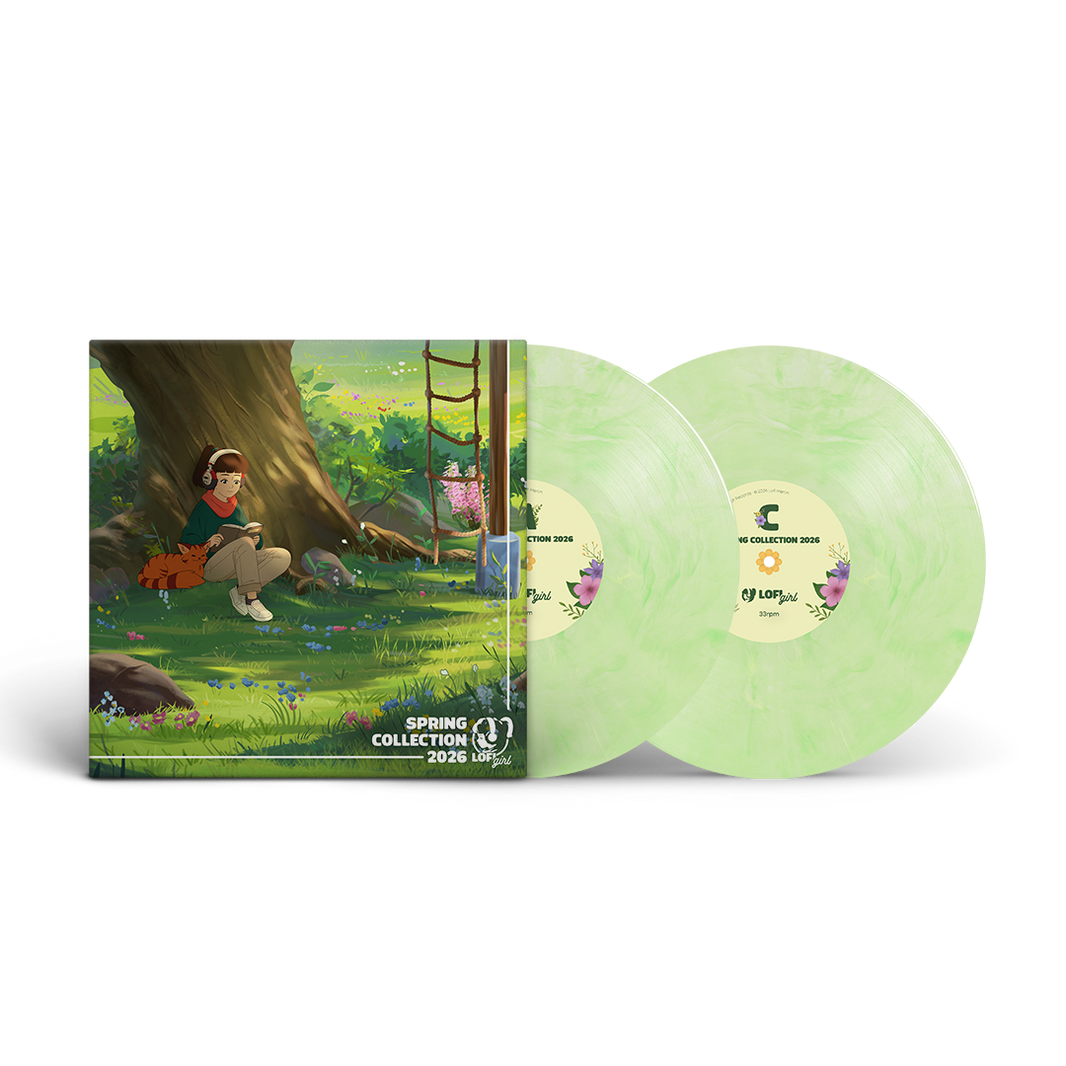 Lofi Girl Spring Collection 2026 illustrated gatefold and two light green marbled LPs