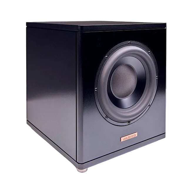 Magico ASUB powered subwoofer in black, three-quarter front view