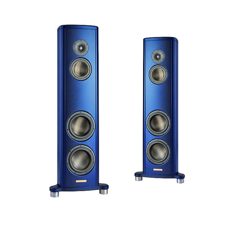 Two blue Magico S2 speakers with silver and black drivers, shown on a plain white background.